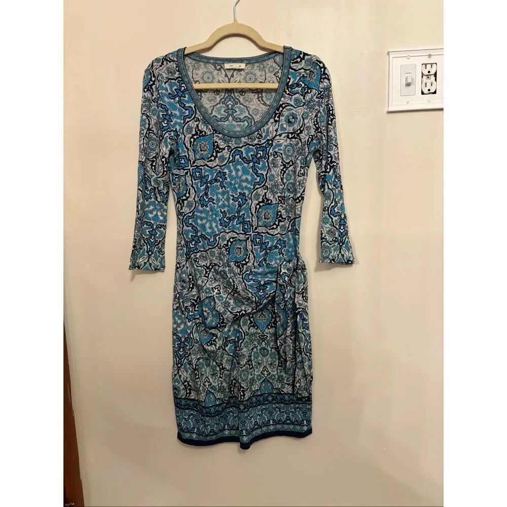 Max Studio Blue Paisley Boho Dress Size Small 3/4 Sleeve Tie Waist Spring